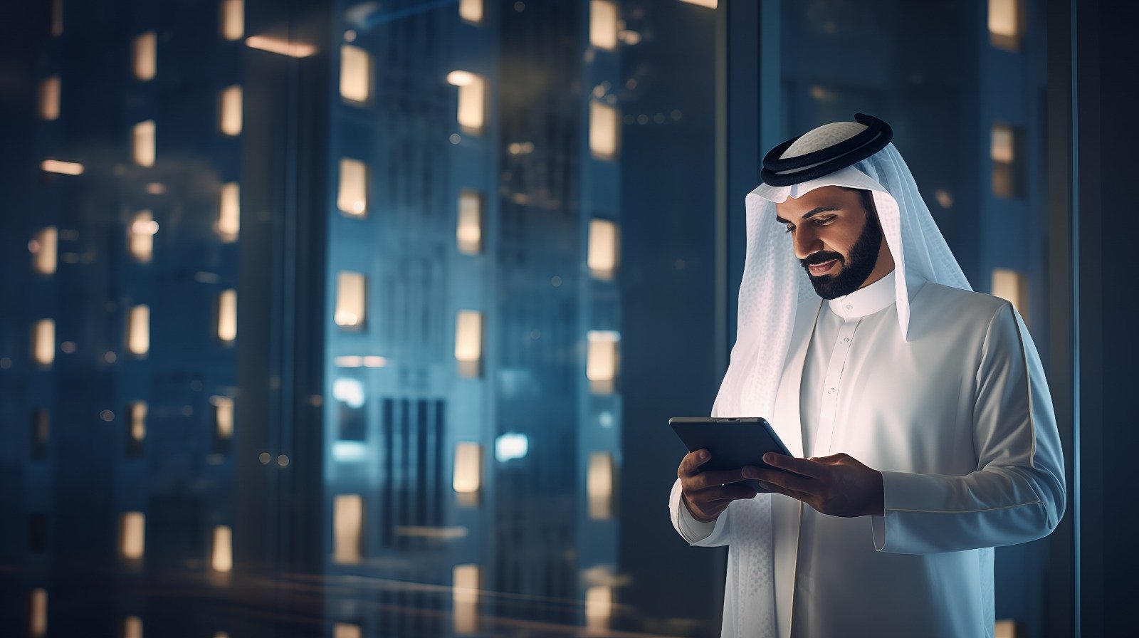 Businessman by window with tablet